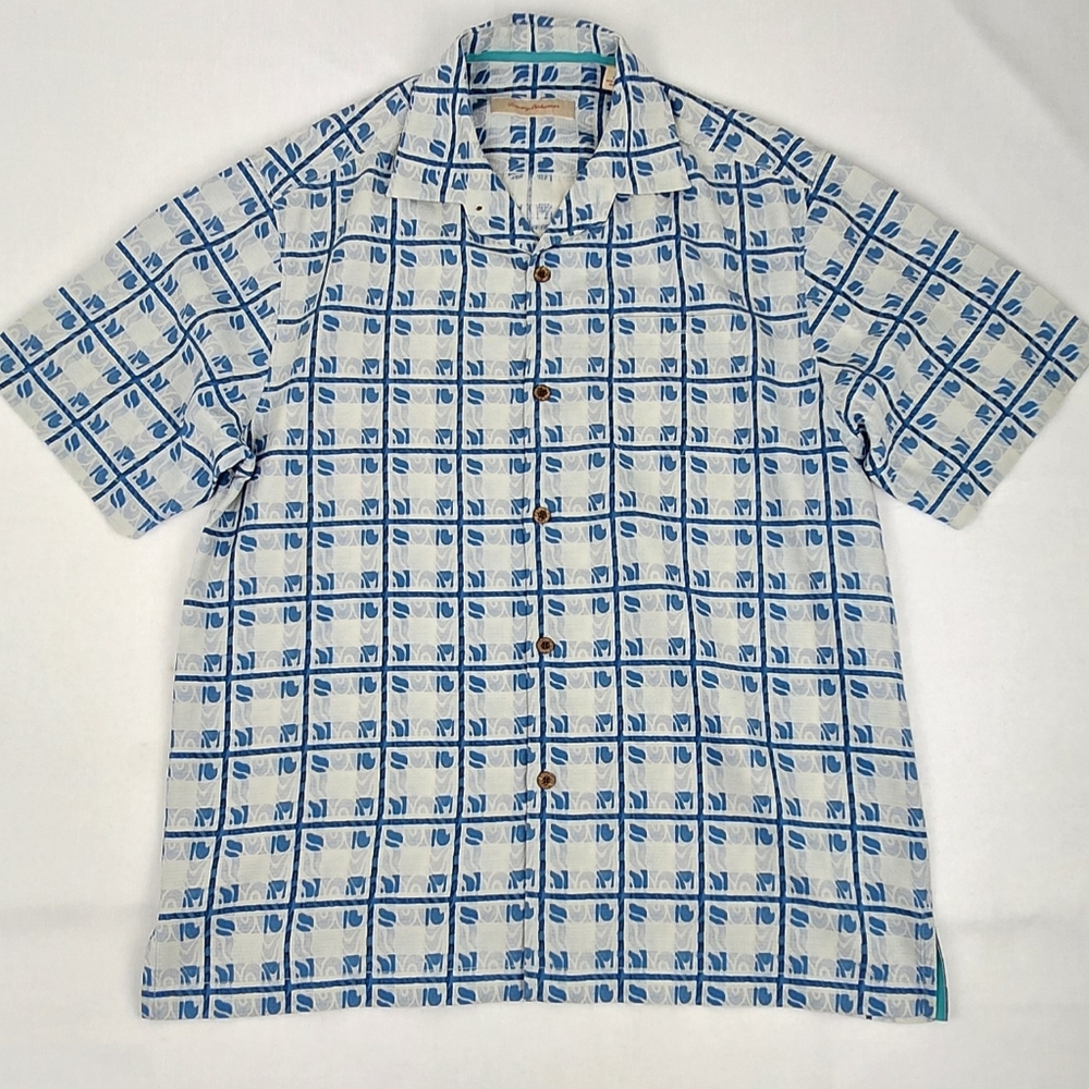 Tommy Bahama Blue and White 100% Silk Shirt